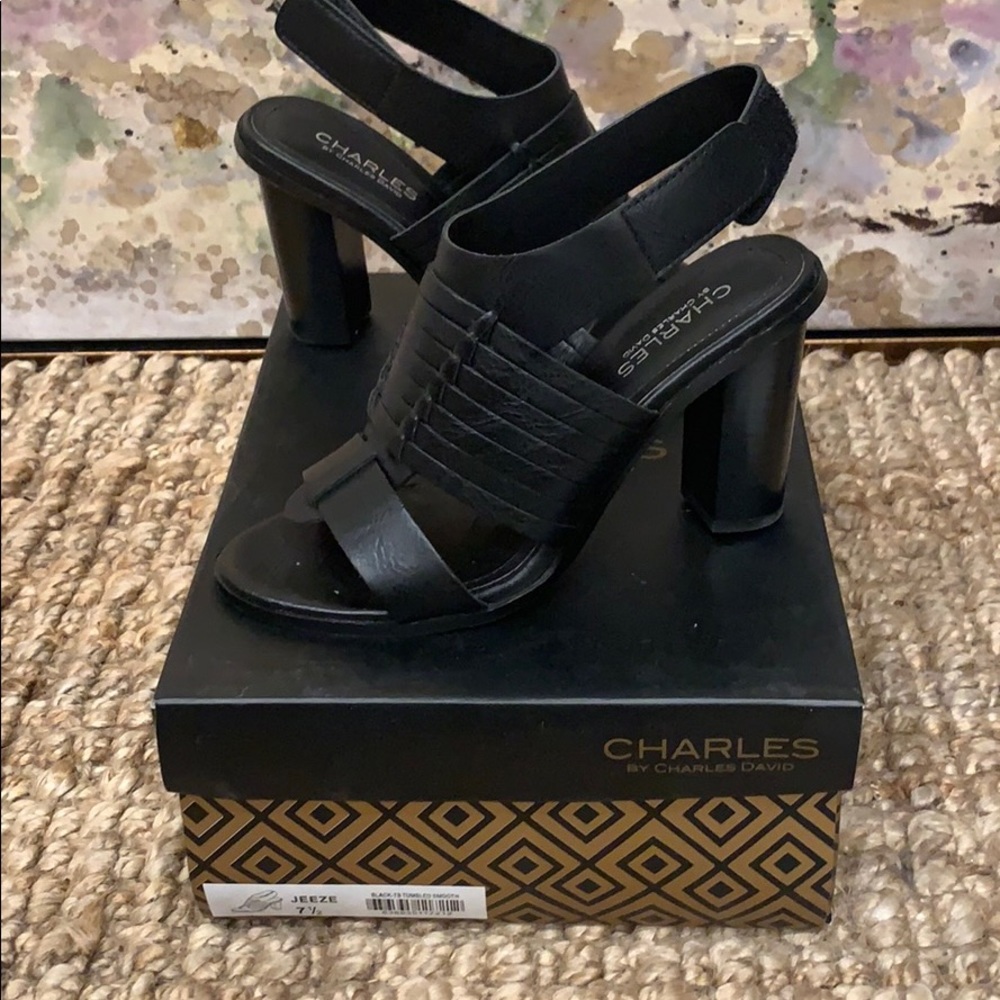 Charles David. Black leather woven sling heels.